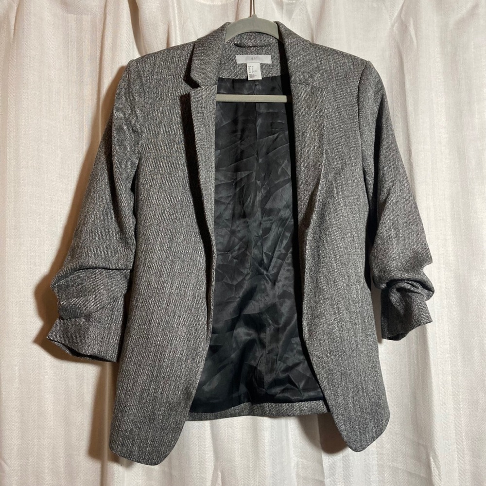 HM Womens Grey Herringbone Ruched 3/4 Sleeve Open Front Blazer Jacket Size 2